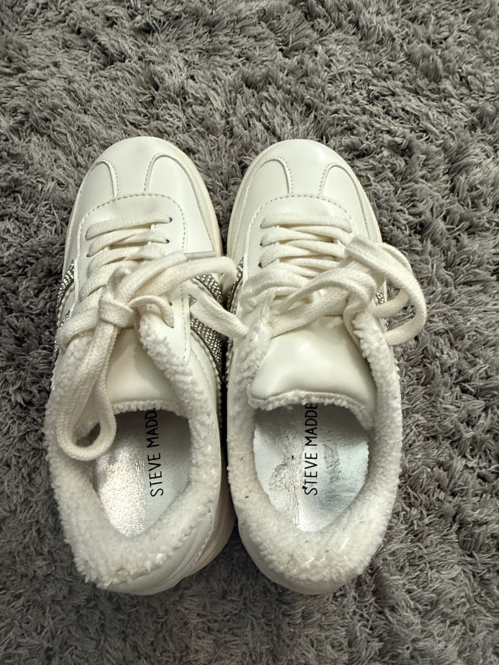 Steve Madden White Faux-Shearling Lace-Up Sneakers
